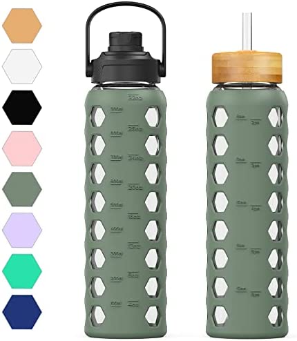 Kodrine Glass Water Bottles with Straw, 32 oz Water Bottle with 2 Lids -  Handle Spout Lid & Bamboo S…See more Kodrine Glass Water Bottles with  Straw
