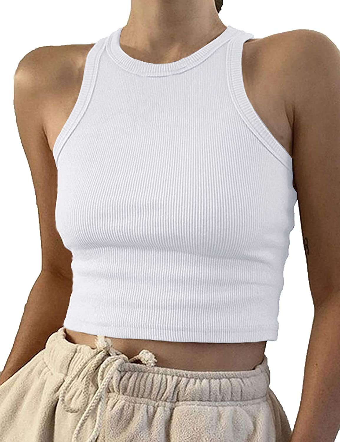Artfish Women's Sleeveless Shirt Ribbed Fitted Scoop Neck Basic Long Crop  Tank Top Square Cotton Beige Tan, XS at  Women's Clothing store