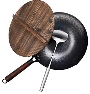 Letschef Hammered Carbon Steel Wok With Wooden Handle With Lid, Spatula, Pre-seasoning Wok Instruction Included (12.5 Inch, Flat Bottom Wok): Kitchen & Dining