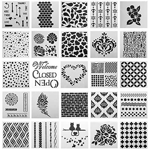 SOTOGO 25 Pcs Mixed Pattern Hollow Out Painting Stencils Square Shape Journal Stencil Plastic Planner Stencils for Painting on Wood/Journal/Notebook/Diary/Scrapbook DIY Drawing Template Stencil