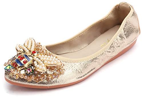 Stylein Womens Foldable Rhinestone Flats Ballet Bling Slip On Loafers | Flats