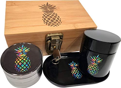 Pineapple Stash Box Combo with Lock - Glass stash jar Locking Stash Boxes - Engraved Wood Bamboo Box - Smell Proof Stash Box (Pineapple): Kitchen & Dining
