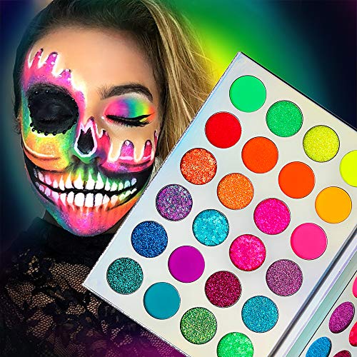 Neon Glitter Eyeshadow Palette Makeup, Afflano UV Glow Blacklight Highly Pigmented Palette Eye Shadow Pallets, Matte Bright Colorful Rainbow Blue Red Orange Purple Green Pressed Glitter Makeup Palettes : Beauty