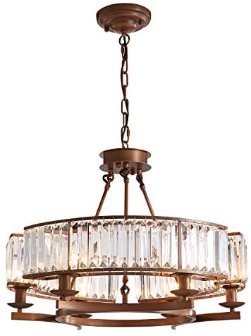 Siljoy Vintage Round Island Crystal Chandelier Industrial Led Pendant Light Fixture for Kitchen Living Room Dining Room Farmhouse, Brown