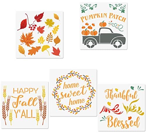 Fall Stencils, 5 Packs Autumn Farmhouse Pumpkin Maple Leaf Home Sweet Home Reusable Seasonal Stencils Mylar Template for Painting on Wood Wall Paper Fabric 8" x 8"