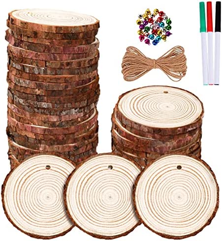 Natural Wood Slices, 39 Pcs 2.4-2.8 inches Craft Unfinished Wood kit  Predrilled with Hole Wooden Circles for DIY Crafts Wedding Decorations  Christmas