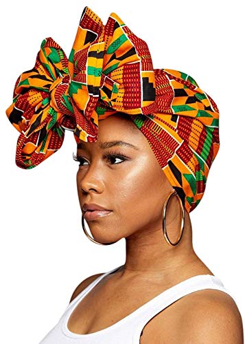 Novarena Long Kente Ankara African Print Headwraps for Women Hair Tie Scarf Turbans Dashiki Head wraps (Green, Black and Orange): Beauty