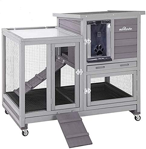 Aivituvin Upgrade Rabbit Hutch Rabbit Cage Indoor Bunny Hutch with Run Outdoor Rabbit House with Two Deeper No Leak Trays - 4 Casters Include (Grey): Pet Supplies