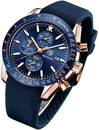 BENYAR Fashion Men's Quartz Chronograph Waterproof Silicone Watches Business Casual Sport Design Wrist Watch for Men Perfect for Father Son Black Blue Rose Gold: Watches