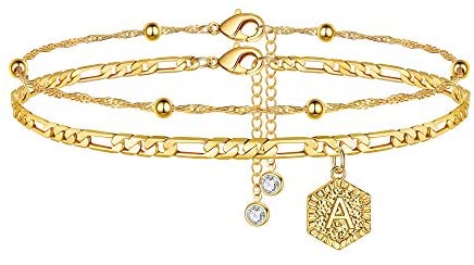 Ankle Bracelets for Women Initial Anklet, 14K Gold Filled Letter Initial Anklets for Women Handmade Figaro Chain Layered Anklets Gold Ankle Bracelets for Women Alphabet Ankle Bracelets with Initials A: Clothing
