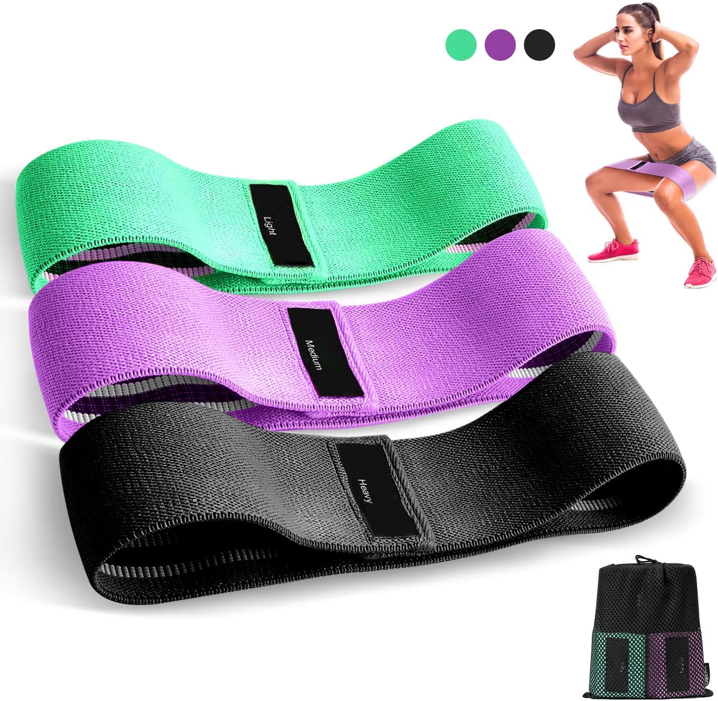 OMERIL Resistance Bands Set, 3 Packs Fabric Workout Bands with 3 Resistance  Levels, Non-Slip Exercise