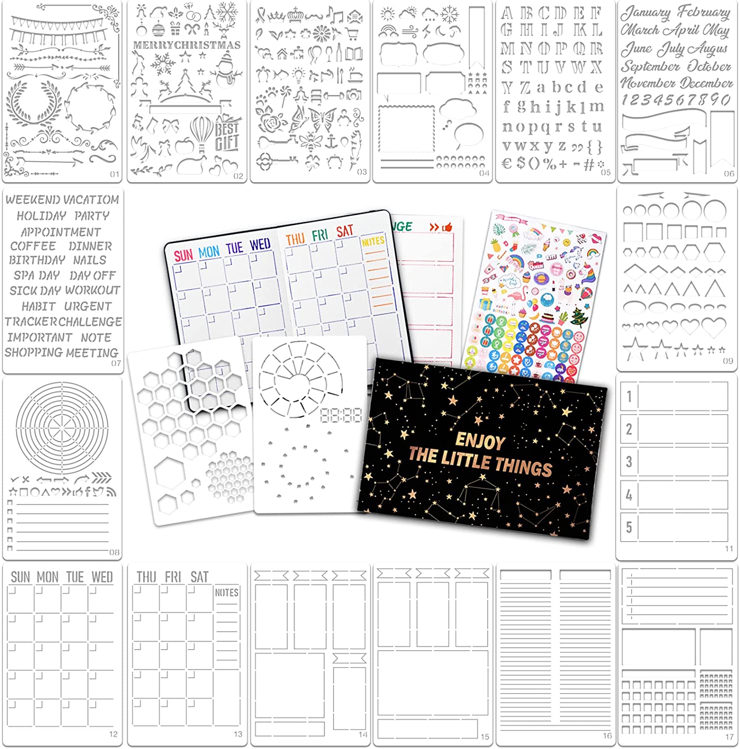 Bullet Dotted Journal Kit, Feela A5 Dotted Bullet Grid Journal Set with 224 Pages Black Notebook, Fineliner Colored Pens, Stencils, Stickers, Washi