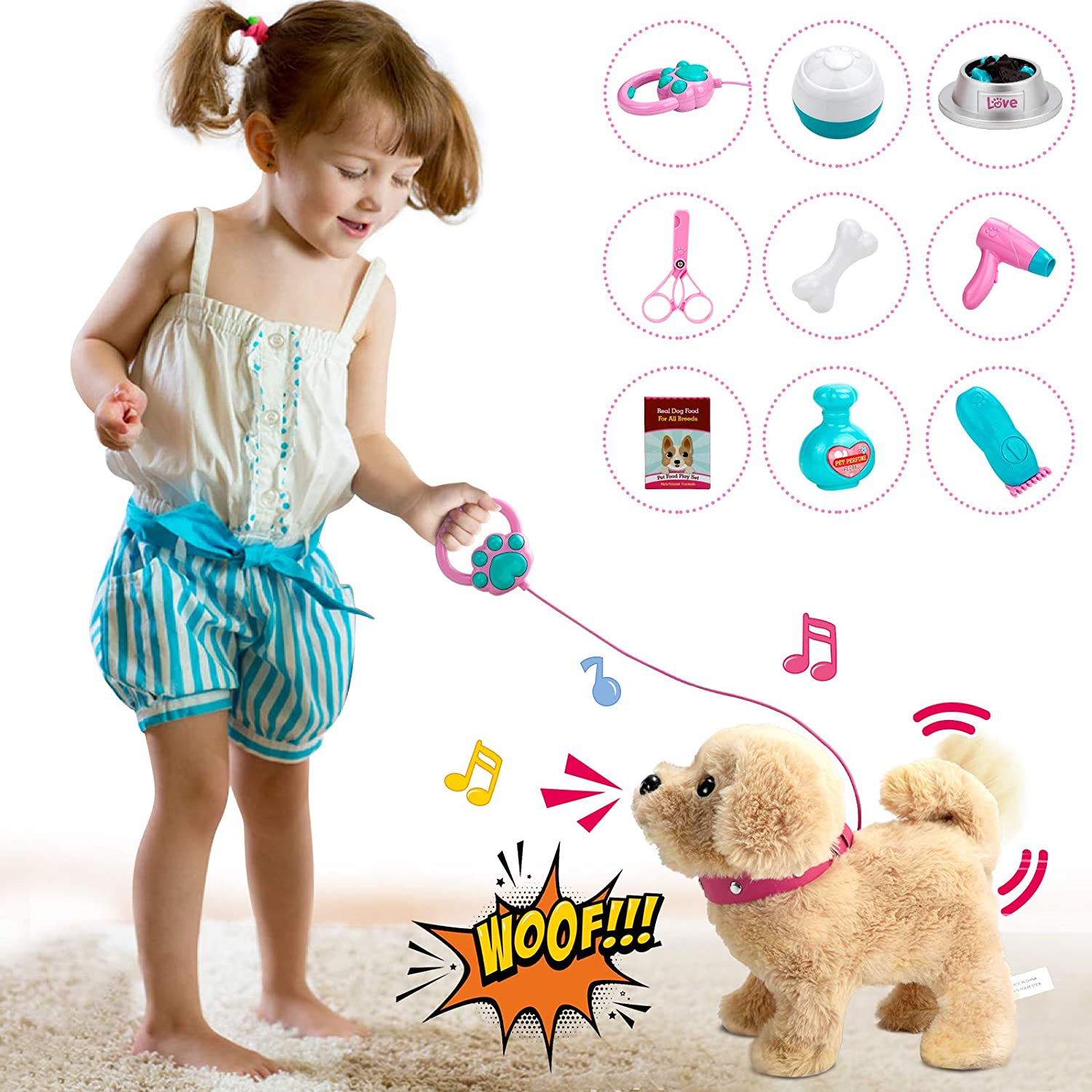 BELLOCHIDDO Dog Toys for Kids, Pretend Play Puppy Dog Toy for Kids with  Interactive Electric Dog, 7 Piece Pet Care Playset with Carrier,  Educational