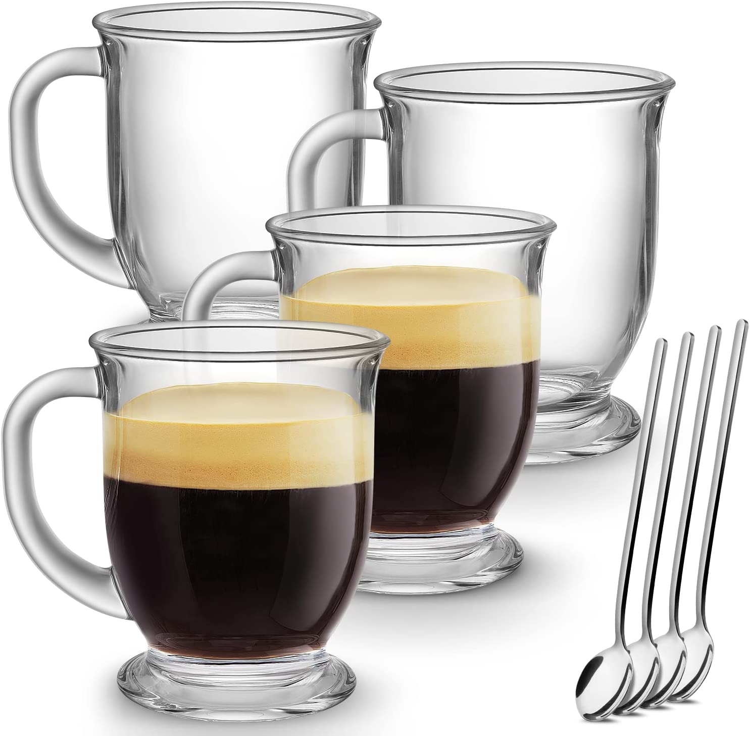 Ulrikco 12 oz Double Walled Glass Coffee Mugs, Clear Cappuccino Glass Mug Set of 4, Double Insulated Glass Coffee Mugs with Handle, Latte Mug