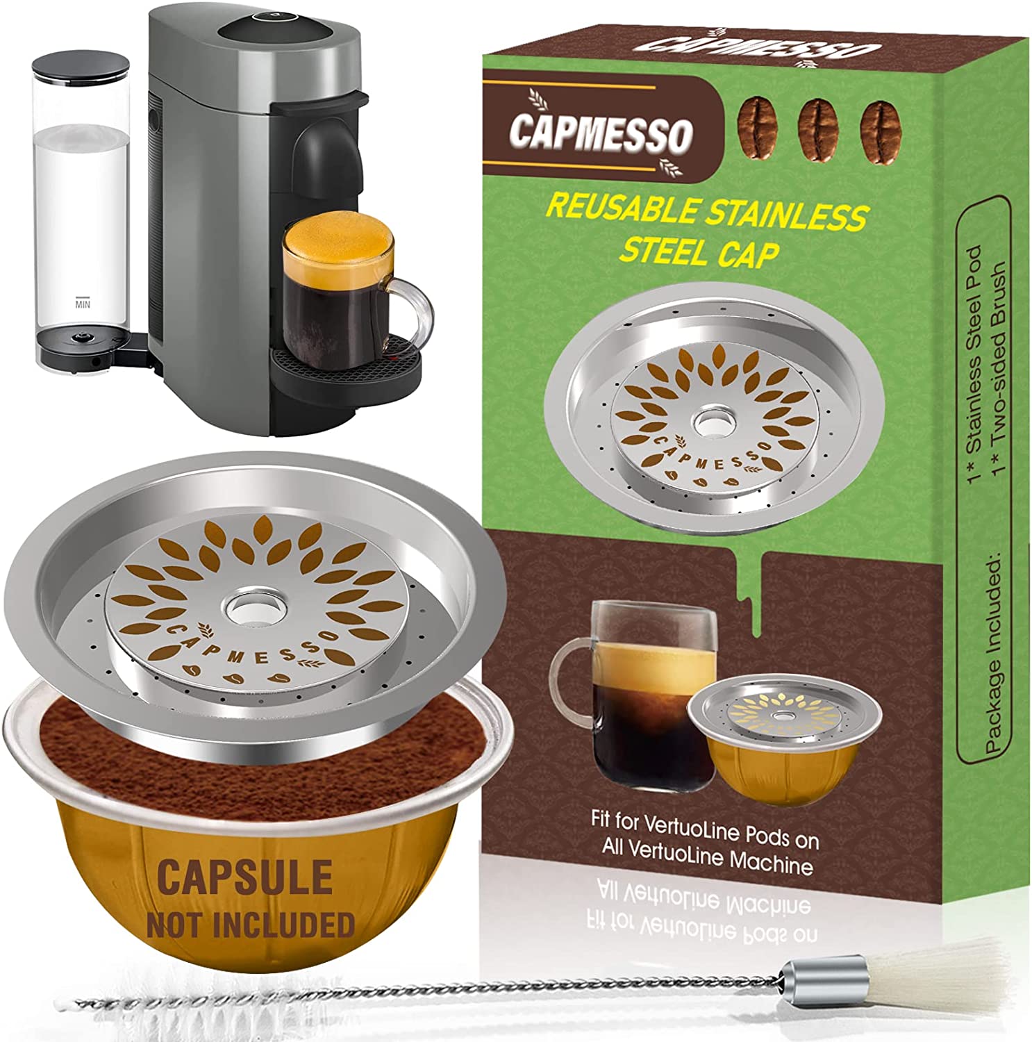 Grasseed Refillable Vertuo Capsule, Reusable Stainless Steel Vertuo Pod Kit  with 40 Foil Lids, Spoon, Brush, Brew 7.8oz- Compatible with Vertuoline