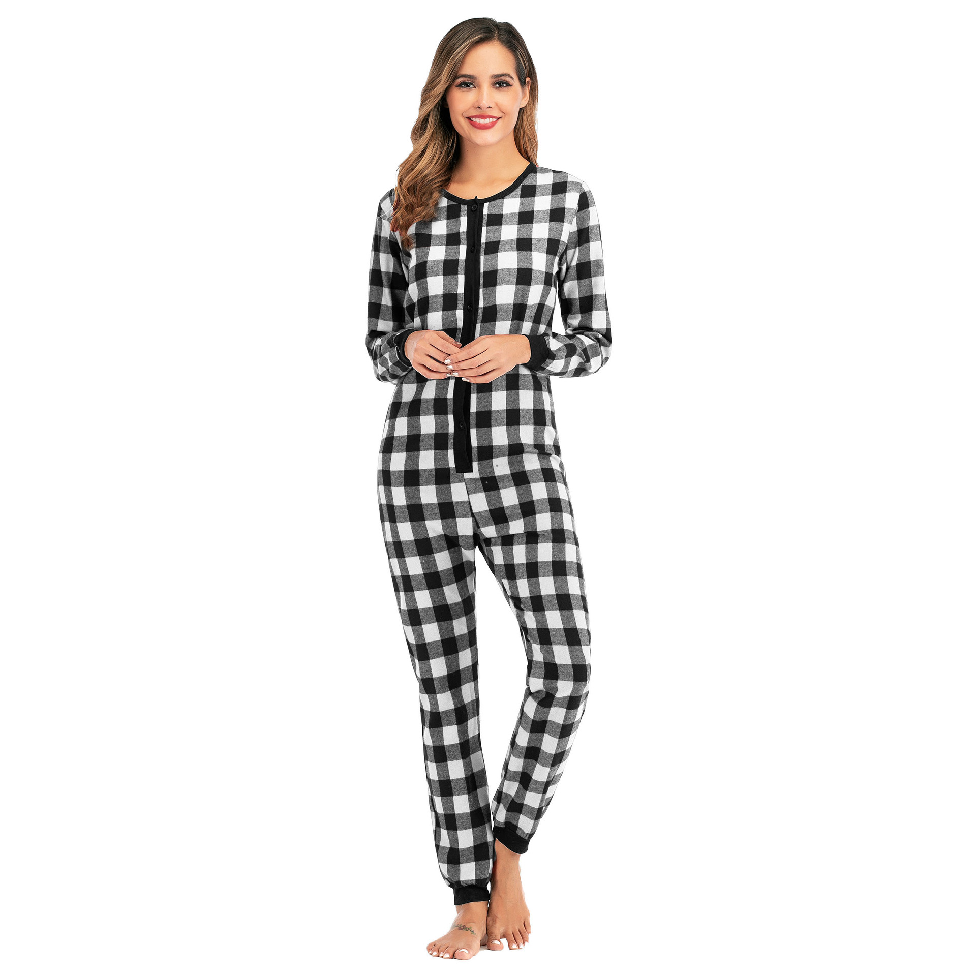 Wholesale Ladies Plaid Cotton Woven Flannel One-piece Pajamas, Home ...