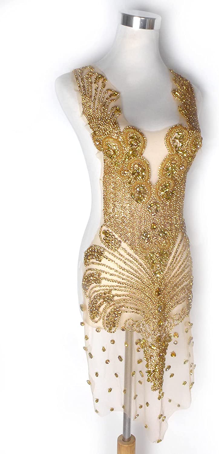 Sparkle Rhinestone Applique Wedding Dress Accessories Beaded Patch V-Neck  Crystal Neckline Gold Color