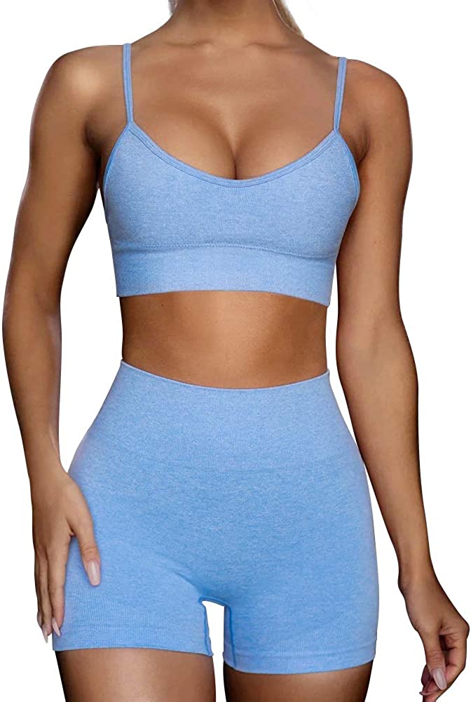 Buttergene Women Workout Sets 2 Pieces Long Sleeve Yoga Outfits Gym Clothes  Seamless Ribbed Crop Top High Waist Leggings