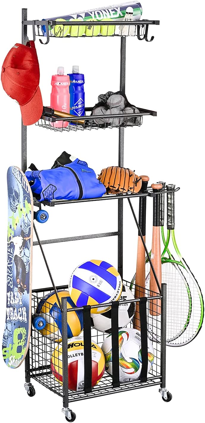 Sttoraboks Garage Sports Equipment Organizer, Ball Storage Organizer with  Bat Rack and Hooks for Indoor/Outdoor