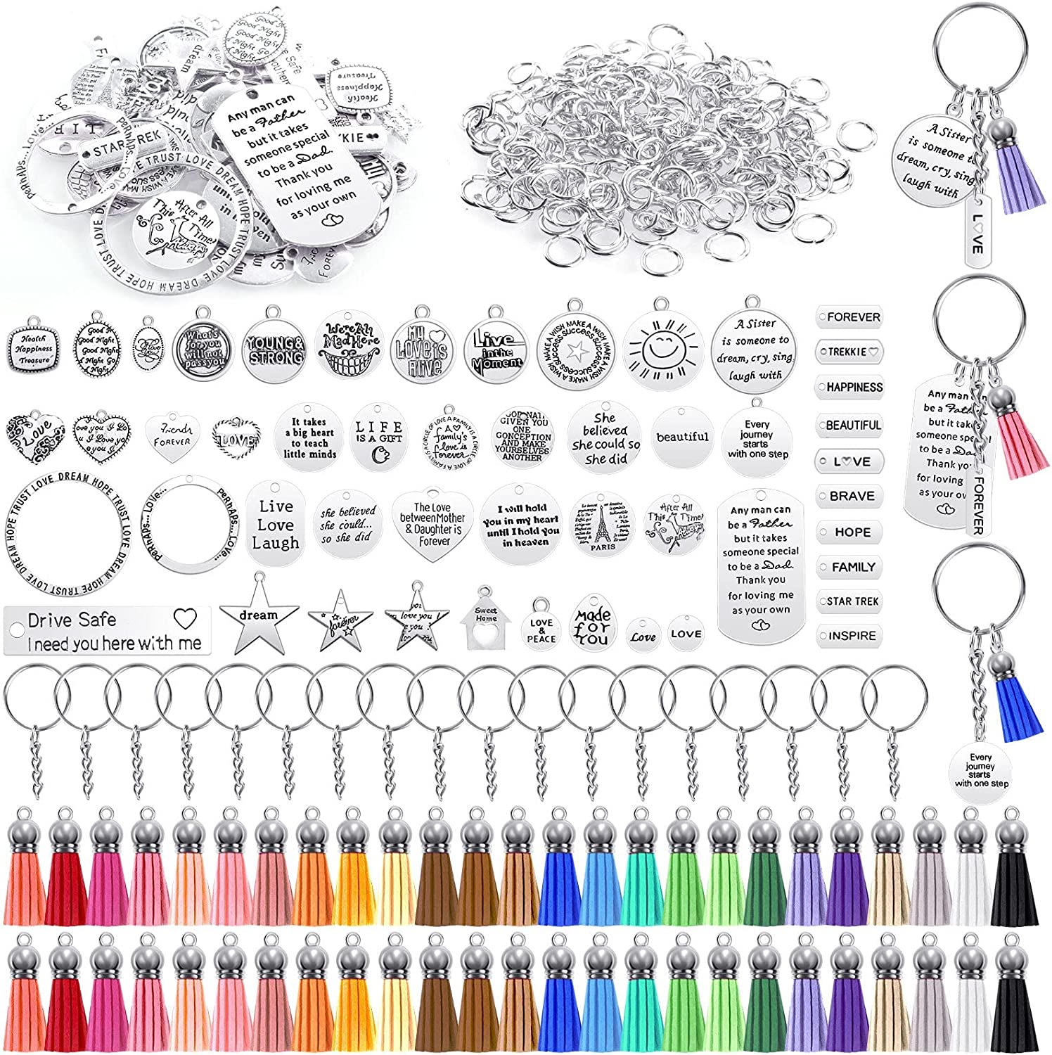 160 Pcs Inspiration Word Charms Pendants for Jewelry Making Mixed Engraved Motivational Charms Pendants Silver Keychain Charms Bracelet Charms Bulk