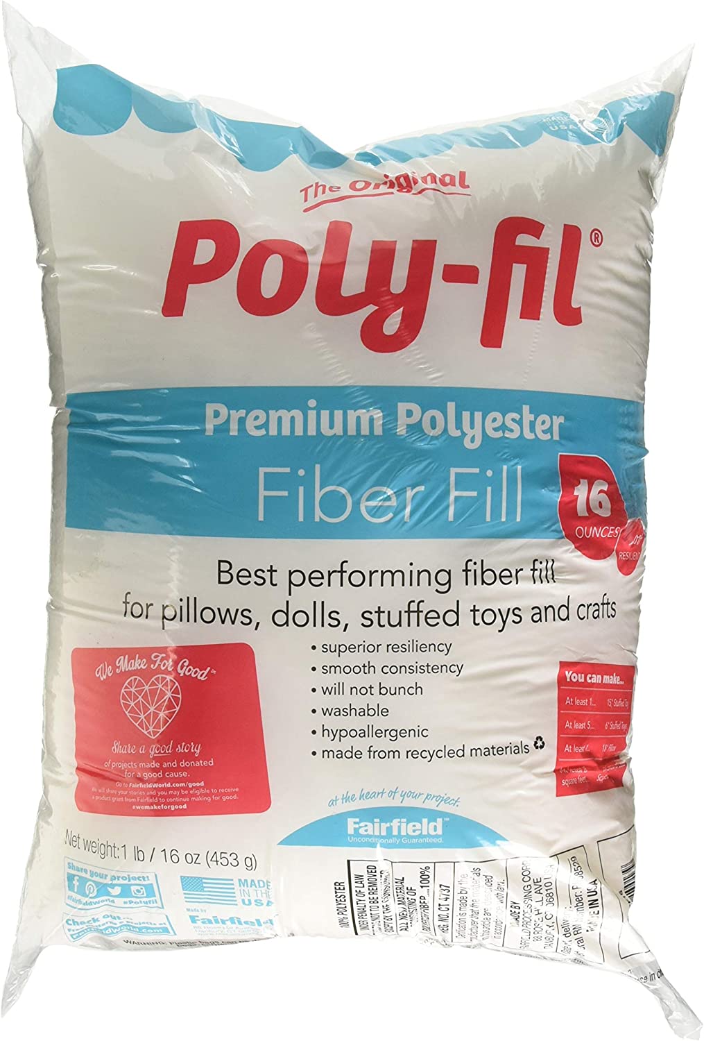 Mybecca Premium Polyester Fiber Fill for Re-Stuffing Pillows Stuff Toys Quilts Paddings Pouf Fiberfill Stuffing Filling White (1 lb / 16 Ounce)
