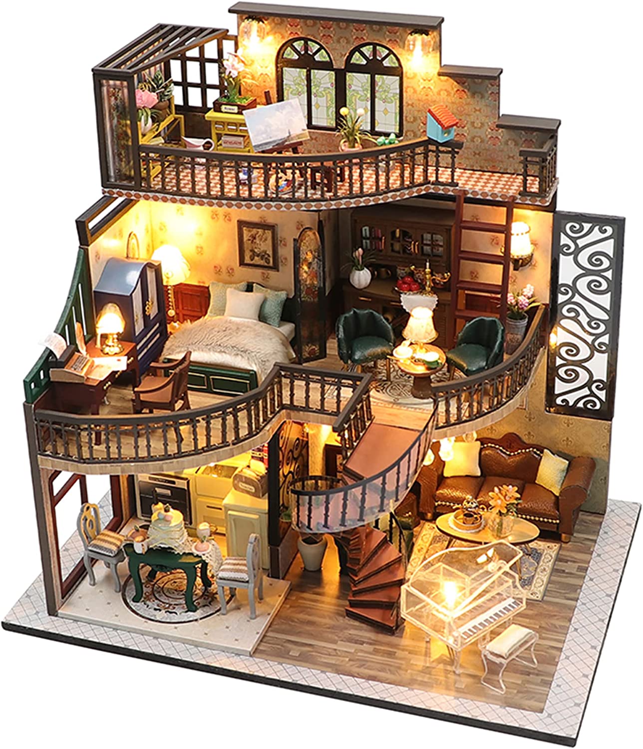 ROBOTIME DIY Dollhouse Wooden Miniature Furniture Kit Mini Green House with  LED Best Birthday Gifts