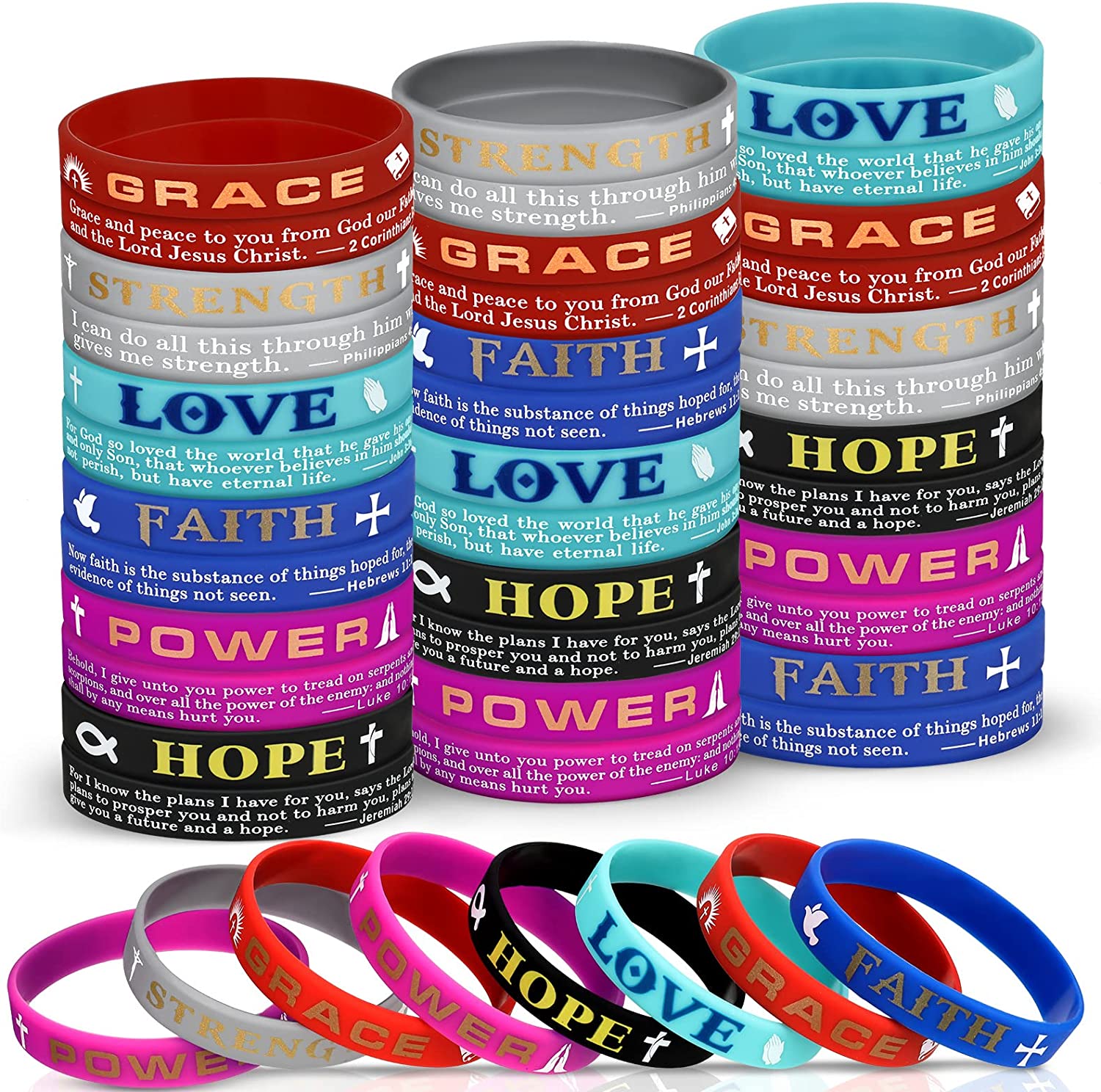 Amazon.com: 60 Pieces Religious Sayings Rubber Bracelet Silicone Christian  Bracelets Wristbands for Kids Religious Gifts() : Toys & Games