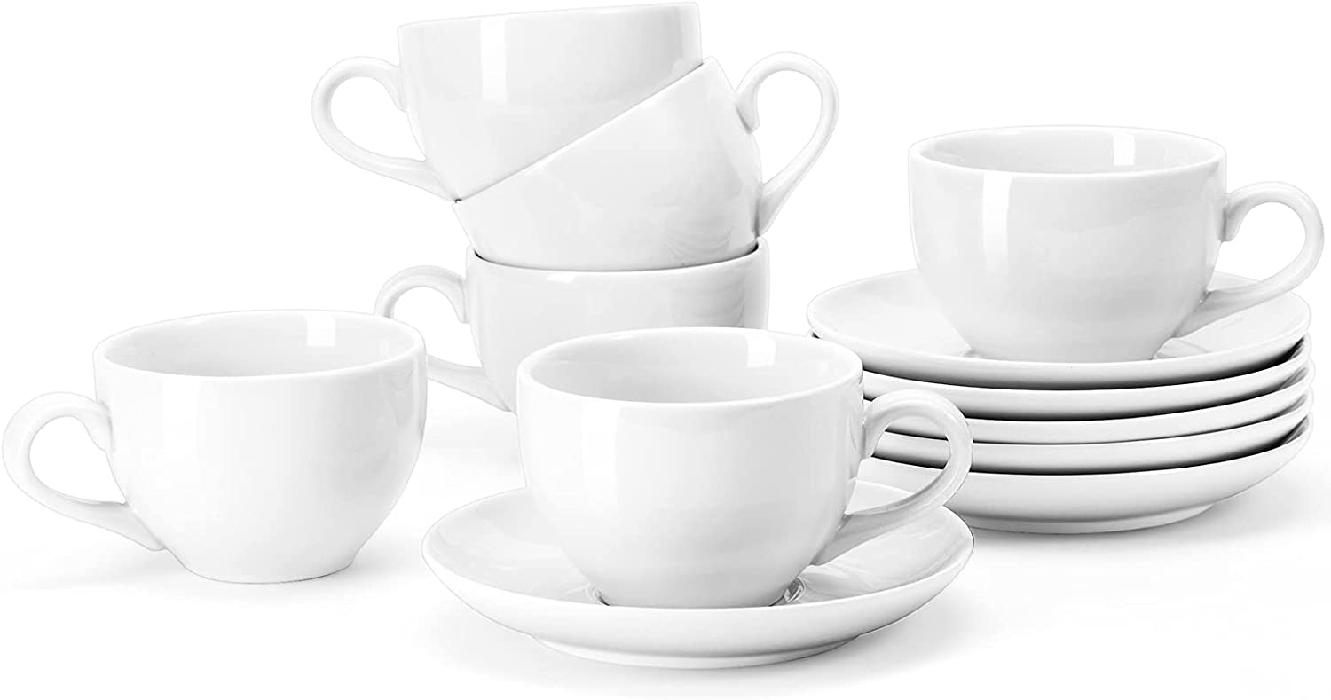 Jusalpha Fine China Coffee Bar Espresso Cups and Saucers Set, 7-Ounce