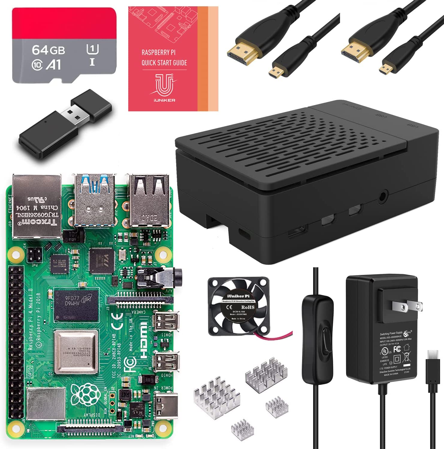  GeeekPi Raspberry Pi 4 8GB Kit - 64GB Edition, DeskPi Lite  Raspberry Pi 4 Case with Power Button/Heatsink with PWM Fan, QC3.0 Power  Supply, HDMI Cable, Card Reader for Raspberry Pi