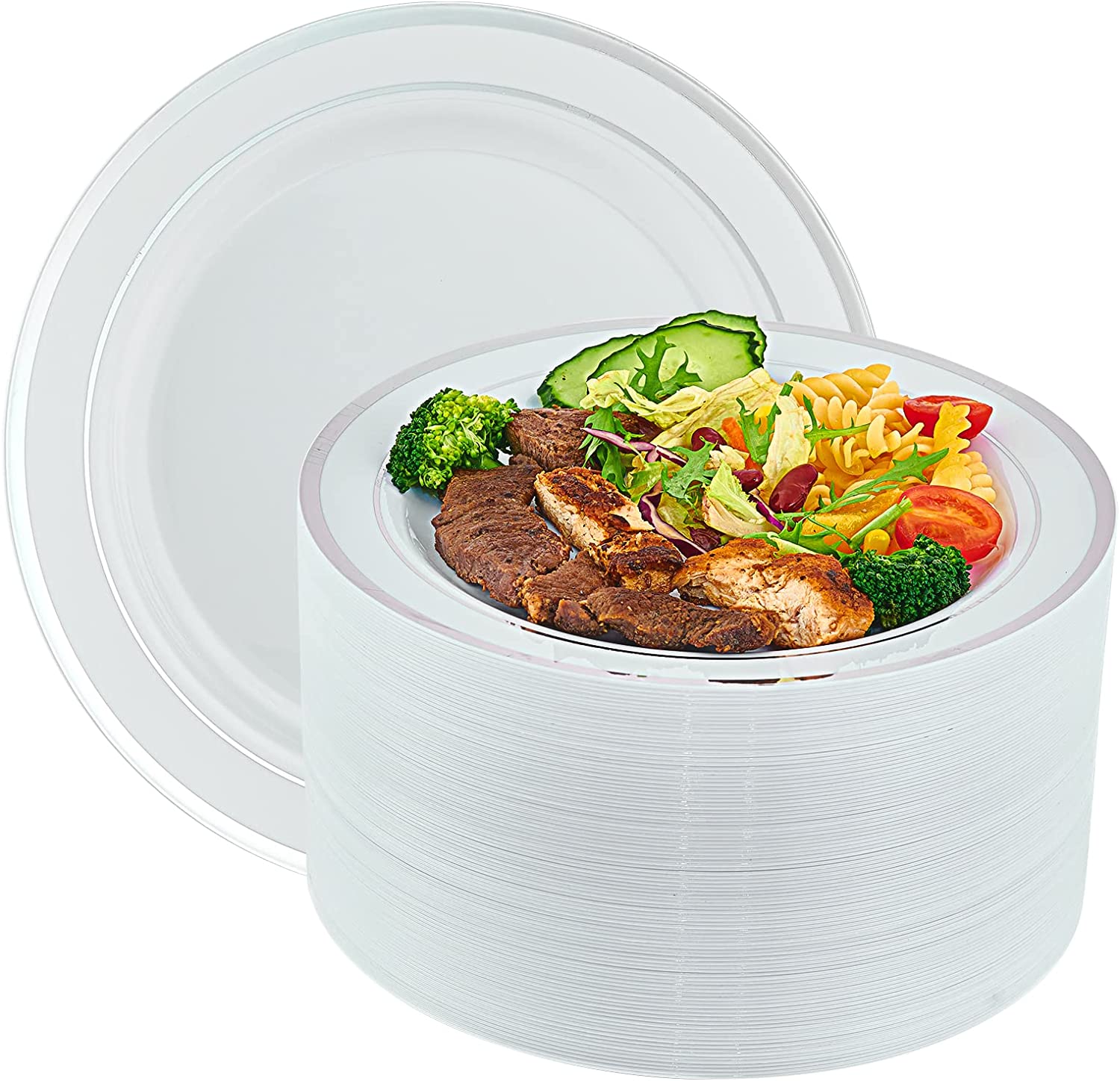 Munfix 100 Piece Plastic Party Plates White Gold Rim 50 Premium Heavy Duty 10.25 inch Dinner Plates and 50 Disposable 7.5 inch Dessert