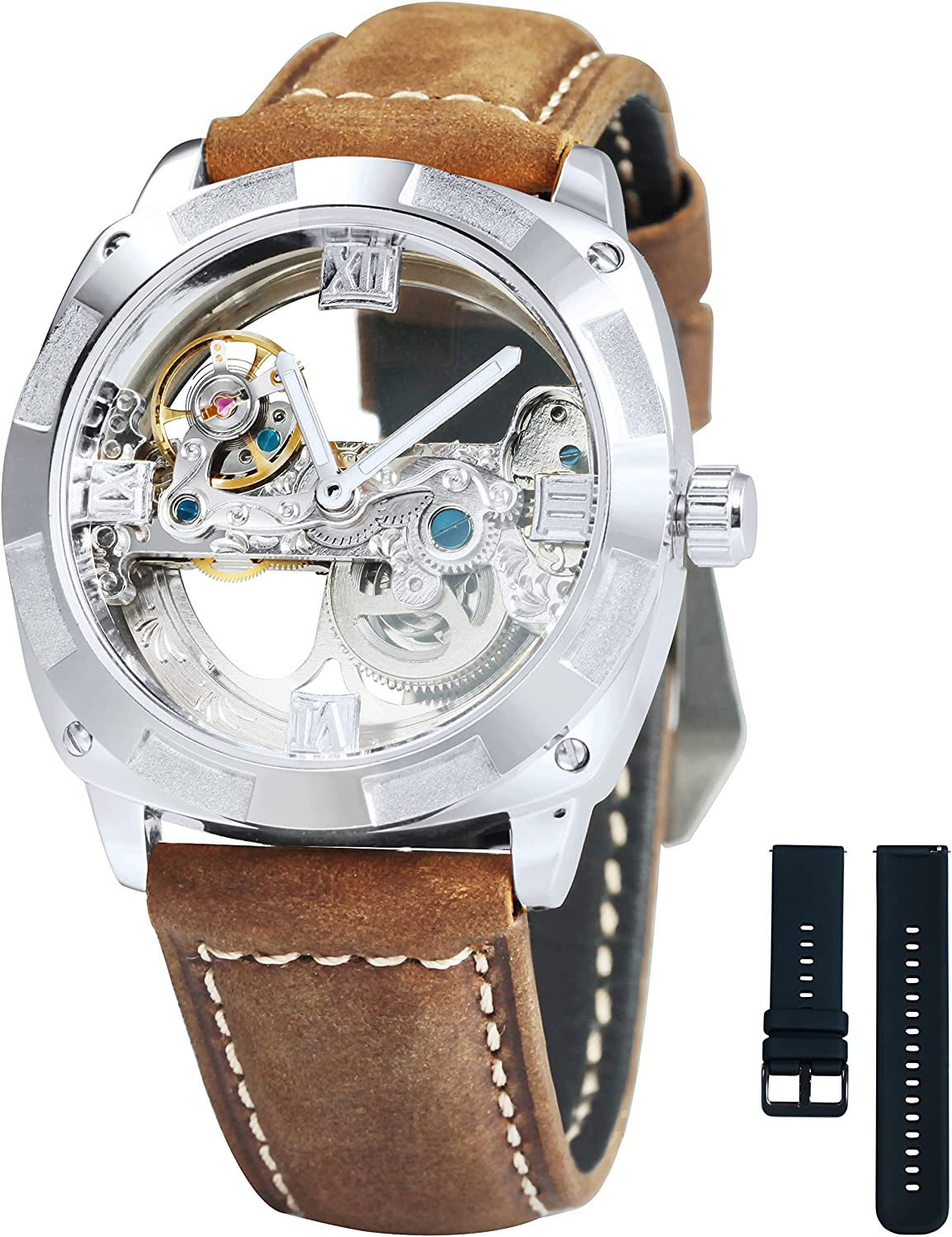 Carlien Skeleton Automatic Steampunk Watches Gold-Tone Luminous Hands  Leather Strap Wrist-Watch