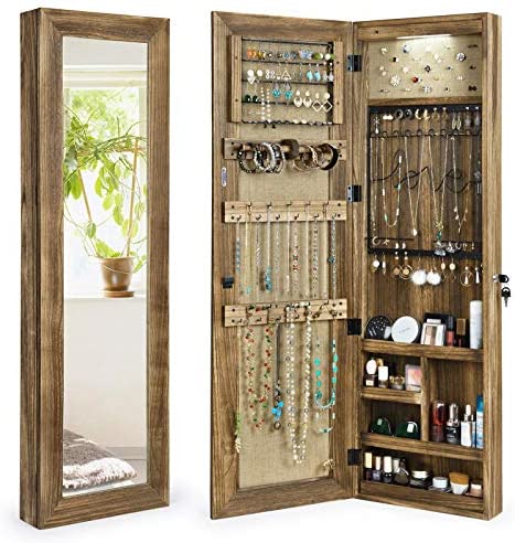 SRIWATANA Jewelry Armoire Cabinet Carbonized Black Solid Wood Jewelry Organizer with Full Length Mirror Wall/Door Mounted 