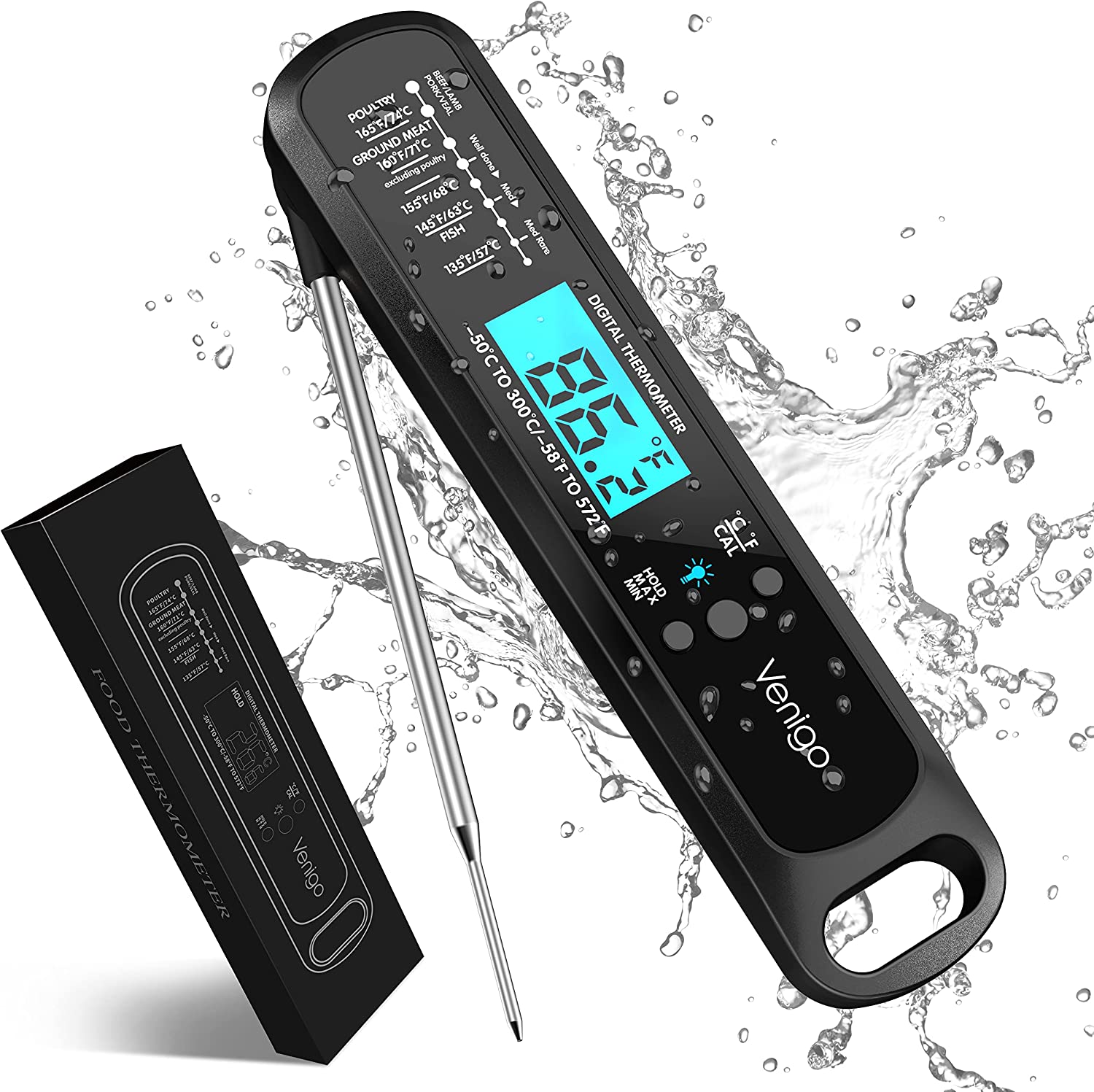 1pc Waterproof Digital Instant Read Meat Thermometer With 4.6Folding Probe  Backlight & Calibration Function For Cooking, Thermometer Digital Thermome