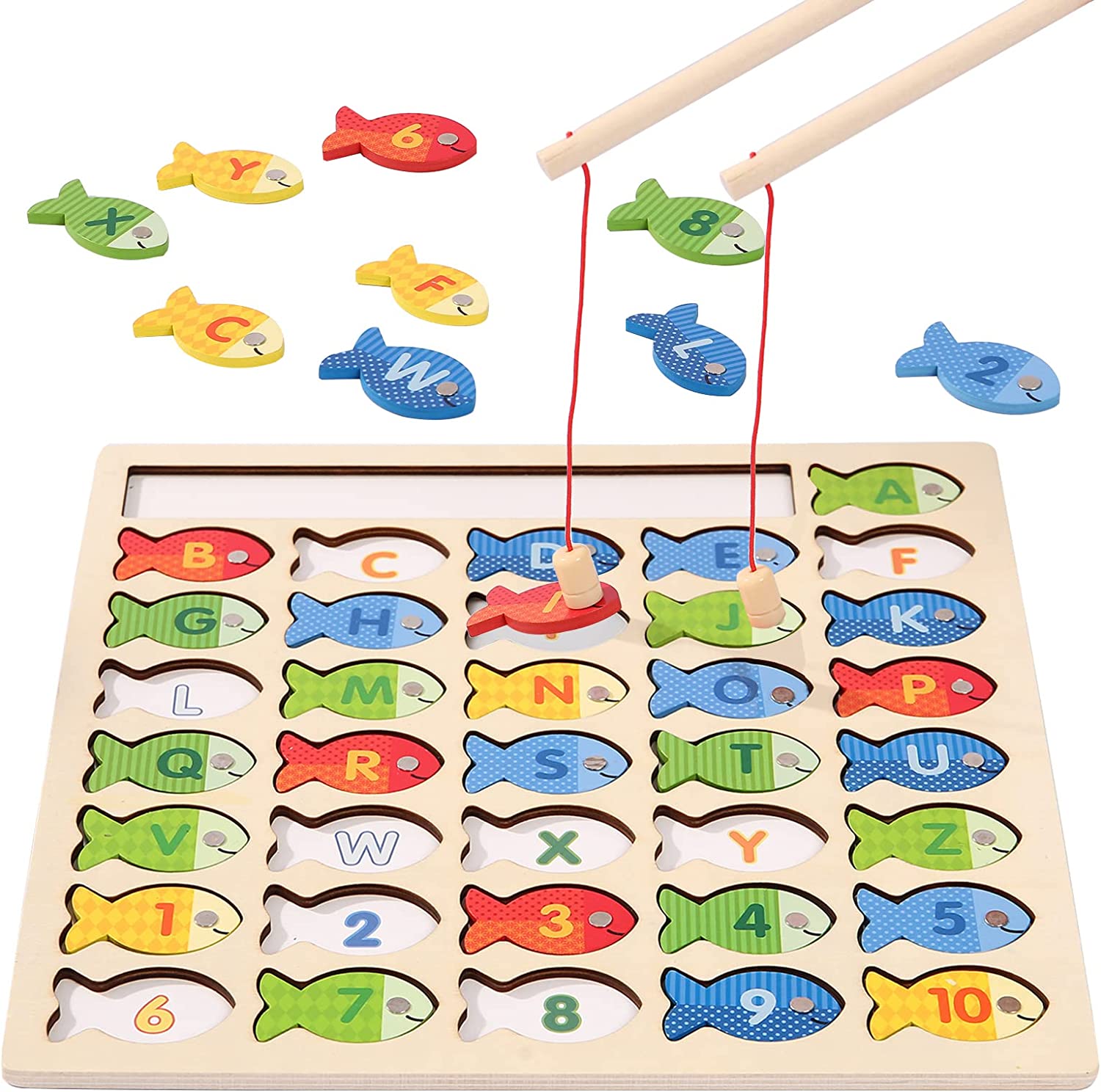 34 Pieces Magnetic Fishing Game For Kids Wooden Magnet Fishing