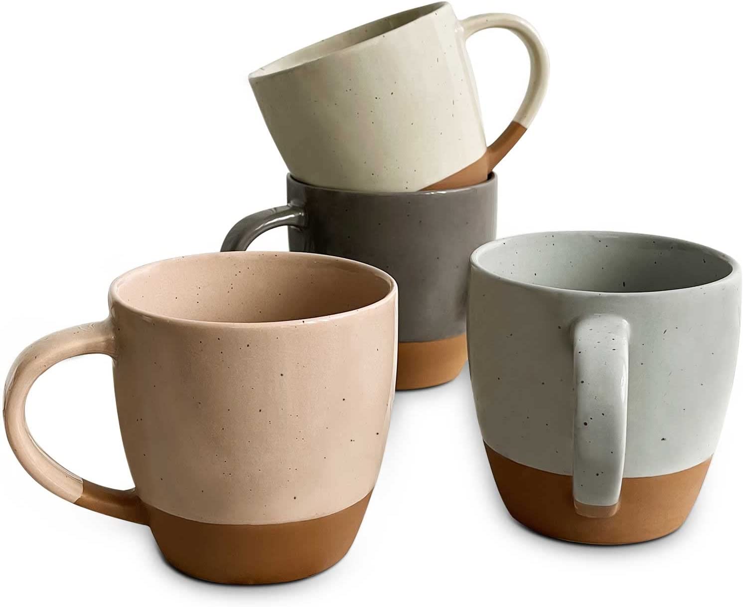 Elanze Designs Tall Ribbed Raw Clay Bottom Grey 16 Ounce Ceramic Coffee Mugs Set of 4