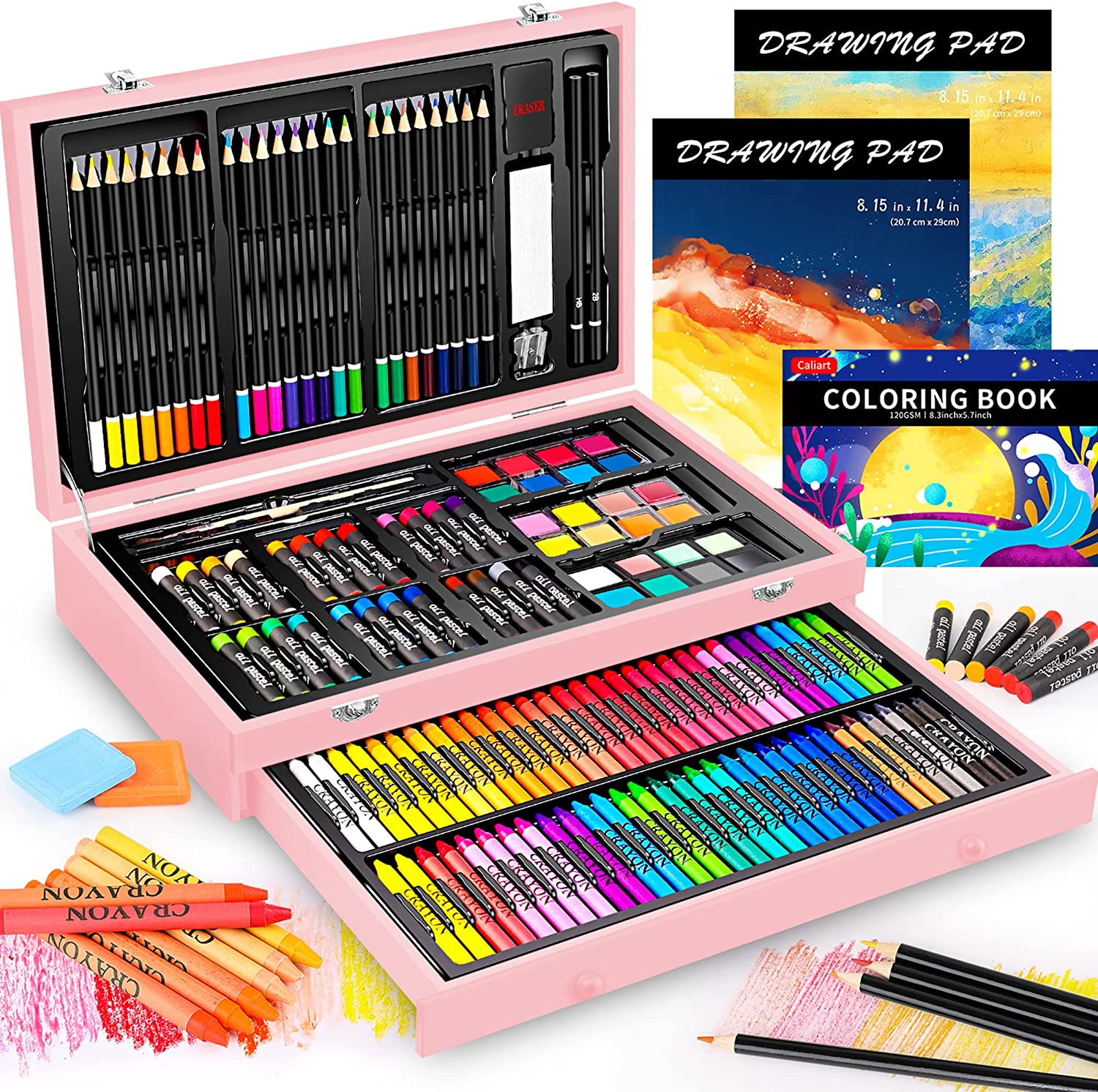 KINSPORY 150 Pcs Portable Inspiration & Creativity Coloring Art Set Painting & Drawing Supplies Kit, Markers, Crayons, Colour Pencils - Black