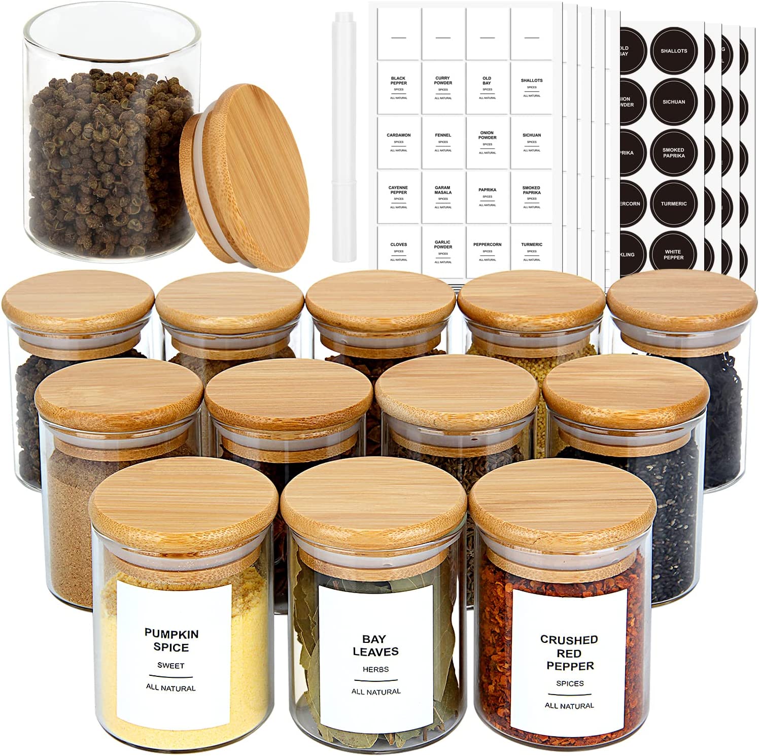 36 Pcs Glass Spice Jars with 810 Spice Labels - 4oz Empty Square