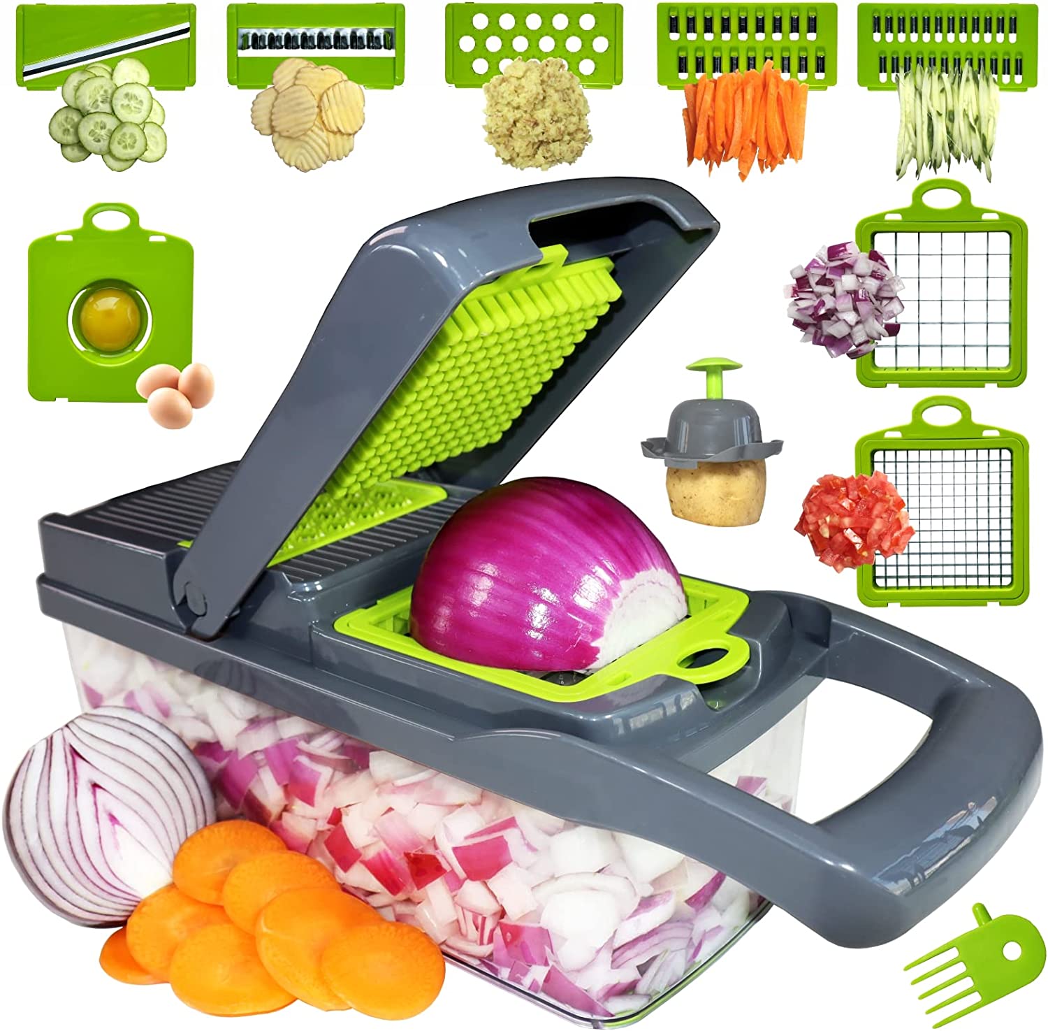 Vegetable Chopper 16 in 1, 9 Blade Veggie Food Chopper with Container 1.2L,  Slicer Dicer Cutter with Self-Cleaning Button for Kitchen Onion Garlic