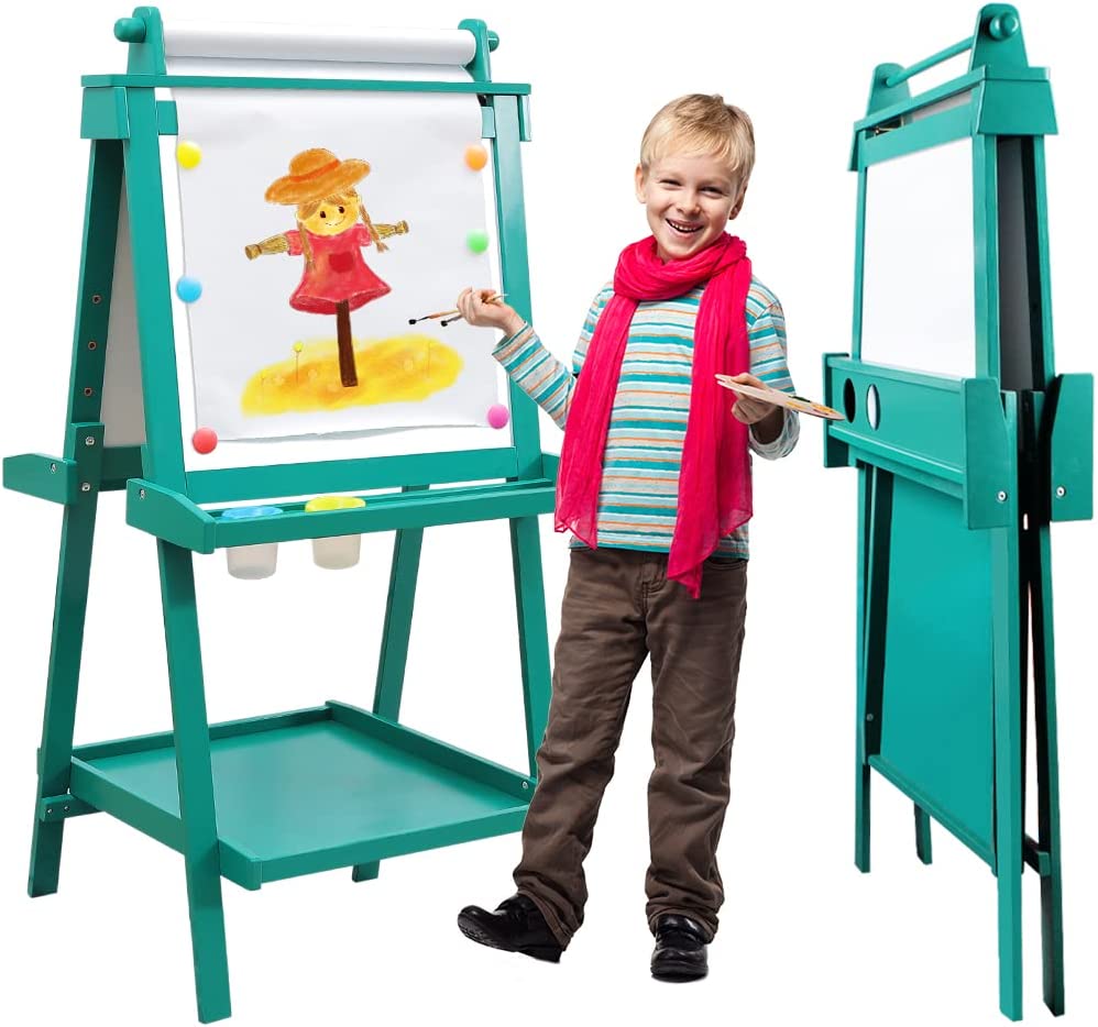 JUZBOT Easel for Kids Deluxe Wooden Standing Kids Easel with Paper & 84PCS  Accessories Foldable Without Disassembly Magnetic Chalkboard & Whiteboard