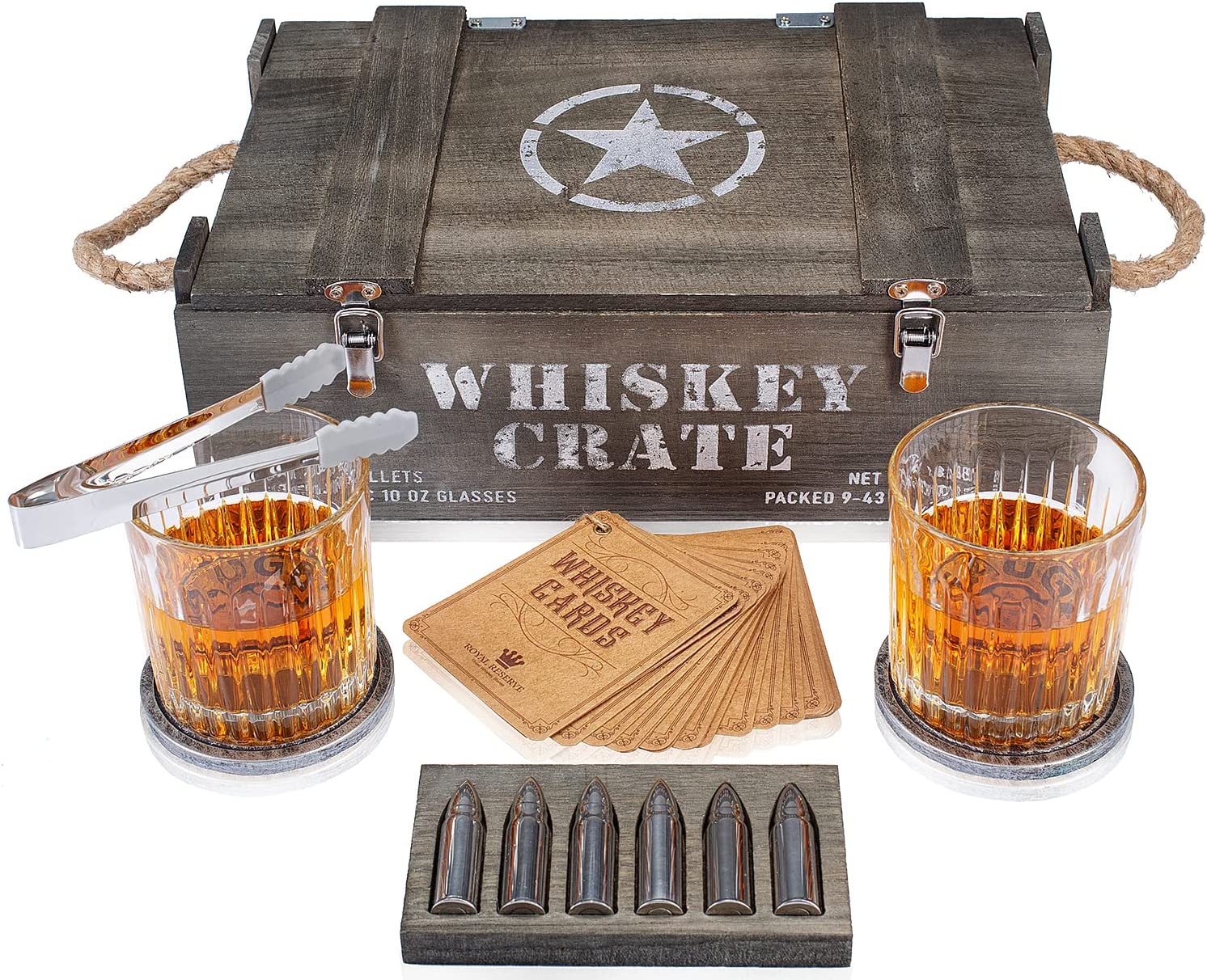 Whiskey Stones Bullets Stainless Steel with Wooden Gift Box - 1.75in Bullet  Chillers Set of 6 Inside Realistic Revolver, Premium Stainless Steel, Large  Whiskey Chillers Rocks (Gold) 