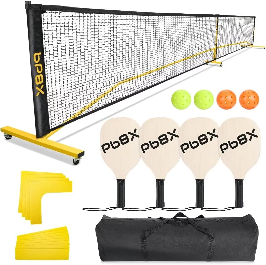 Driveway Games Portable Outdoor Pickleball Set. 2 Wood Racket Paddles, 2  Pickelballs, Bag and Net System Equipment (PB-00157),Blue