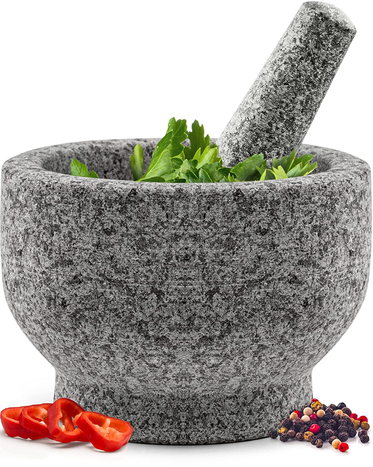 Gorilla Grip Original Mortar and Pestle Set, Slip Scratch Resistant Bottom, Heavy Duty Polished Granite Guacamole Molcajete Bowl Kitchen Spices