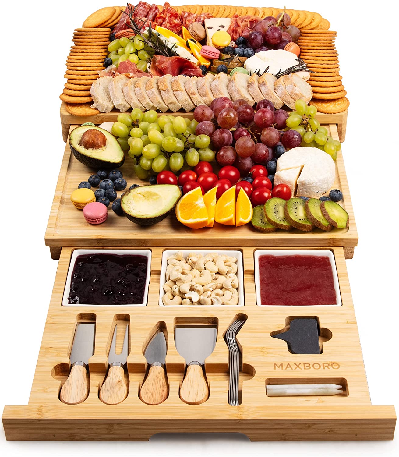 RoyalHouse Unique Bamboo Cheese Board and Knife Set - Charcuterie Boards  Set & Cheese Platter with Slide-Out Cutlery Drawer - Serving Tray for