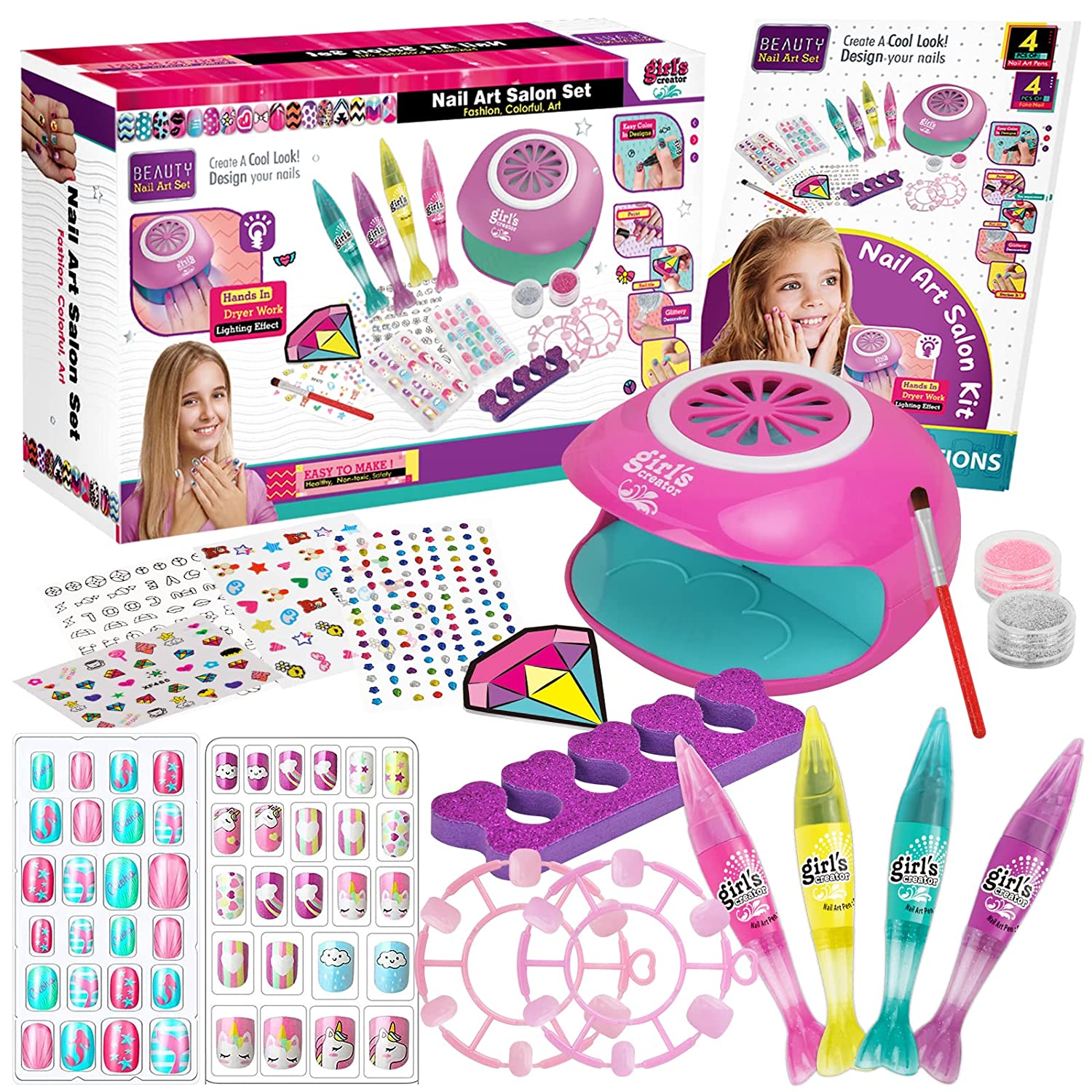 Kids Nail Polish Set for Girls, FunKidz Nail Art Kit for Kids with 3 in 1 Nail Polish Pens Glitter Sticky Decoration Accessories Combo Kit