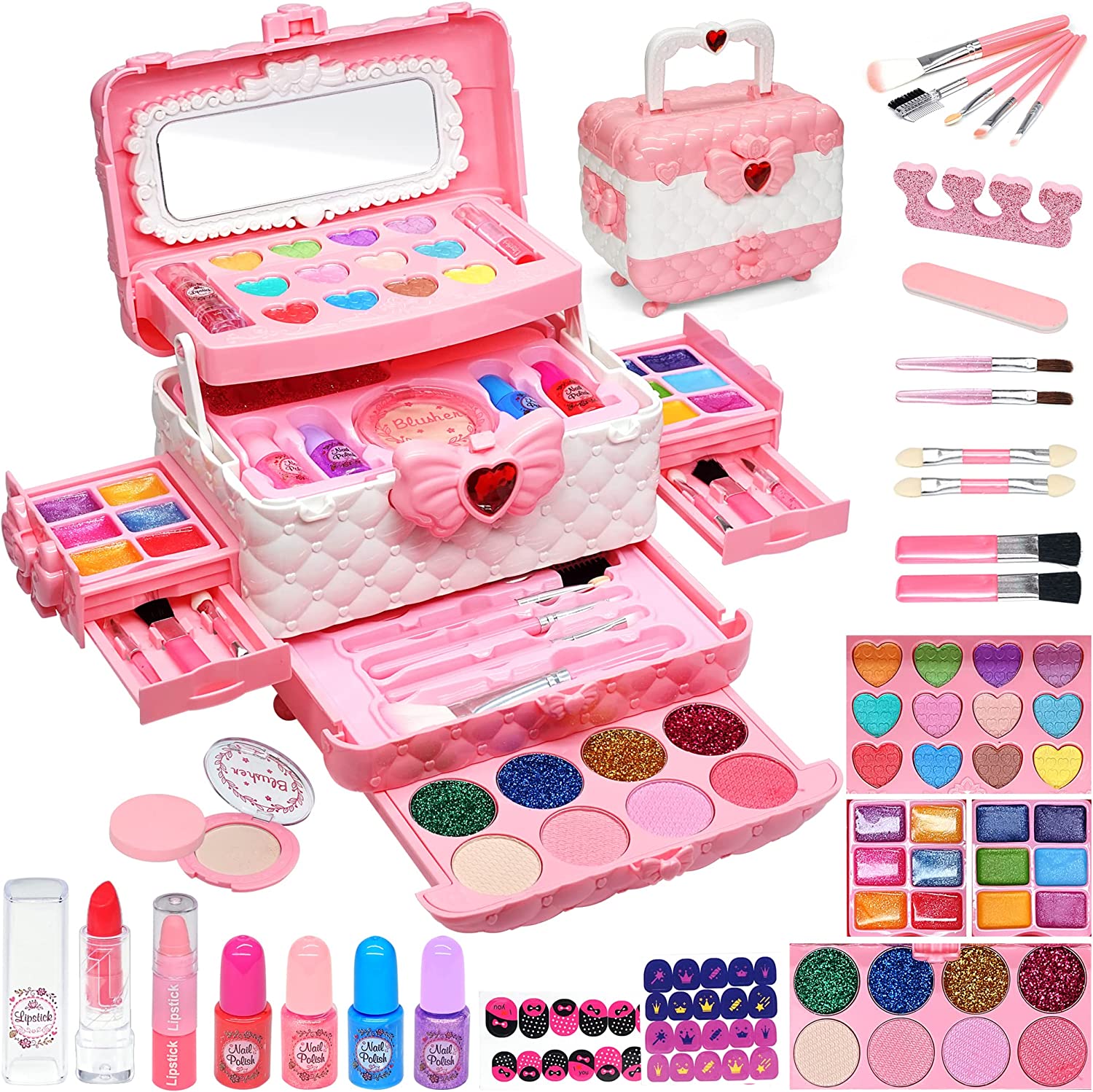 Qudai Kit de maquiagem para meninas Real Kids Make Up Set Cosmetics Play  Set Cofre lavável com bolsa de transporte para meninas Jogo de festa Natal