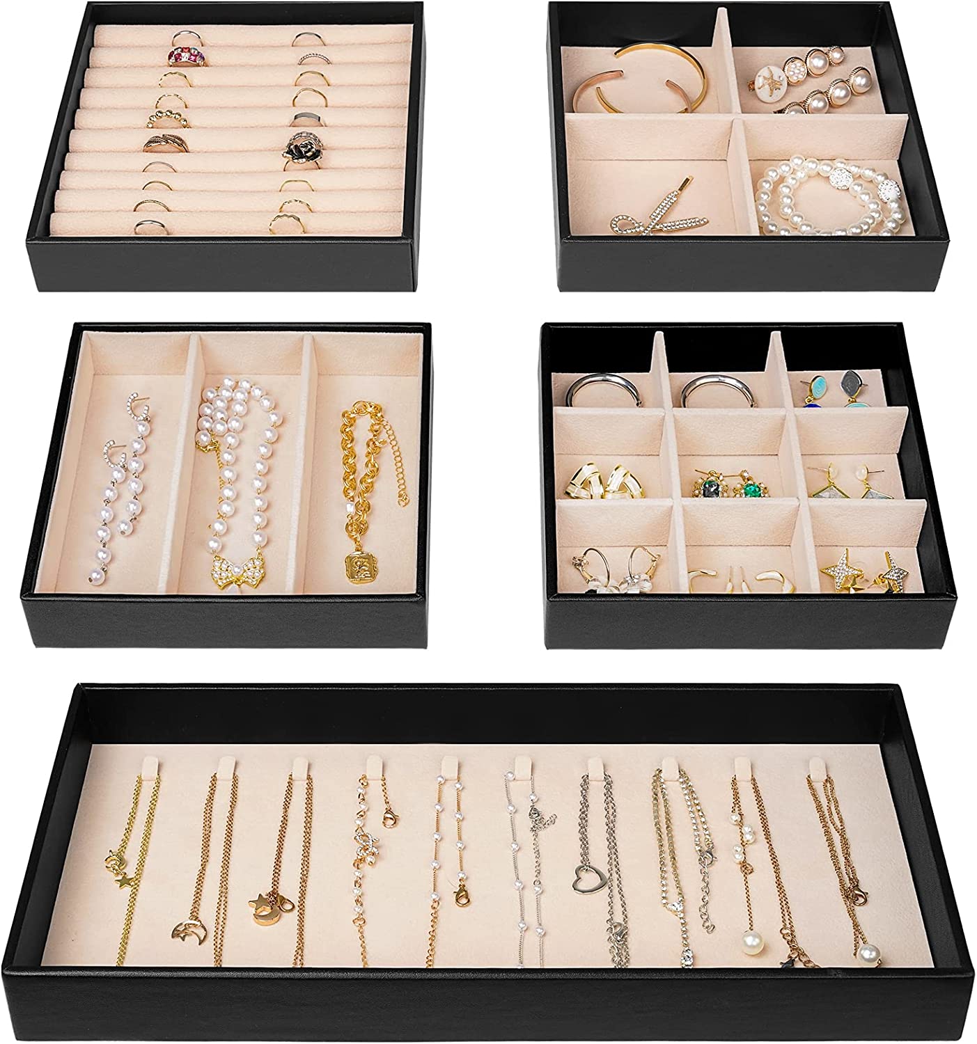 Frebeauty Jewelry Organizer Tray,Stackable Velvet Jewelry Trays,Drawer  Inserts Earring Organizer For Women Girls Jewelry Storage Display Case for