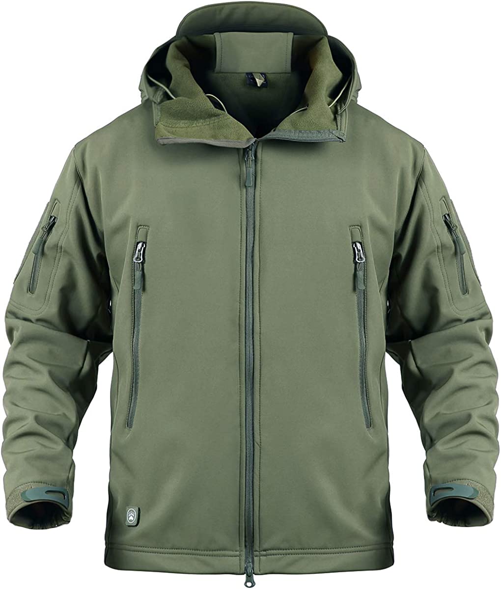 CRYSULLY Men's Tactical Front Zip Fleece Lining Hunting Mountaineering Jacket Windbreaker Coat Army Green