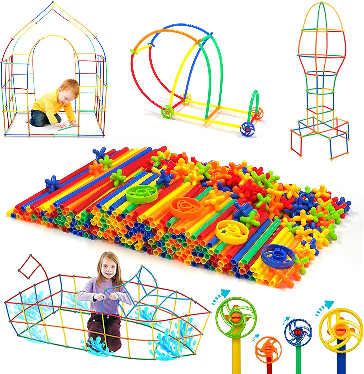 Straw Constructor Toys STEM Building 600Pcs Toy Interlocking Plastic  Engineering Thin Tube Blocks Educational Kit for 3 4 5 6 7years Kids Boys  and