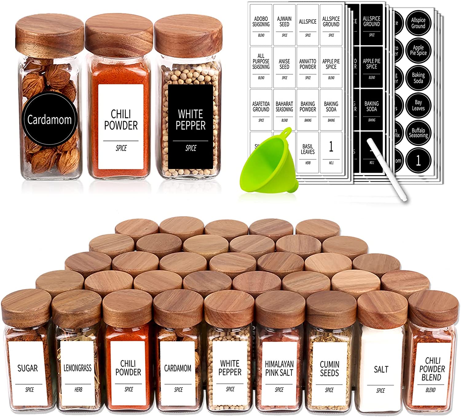 SWOMMOLY 25 Glass Spice Jars with 713 Spice Labels, Chalk Marker and Funnel  Complete Set. 25