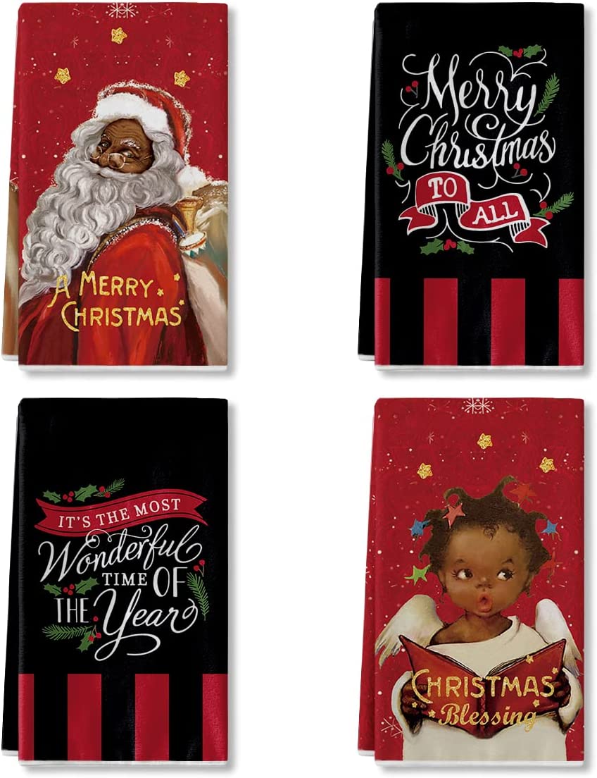 Artoid Mode African American Black Santa Kitchen Dish Towels 18 x 26 Inch  Set of 2, Christmas Winter 